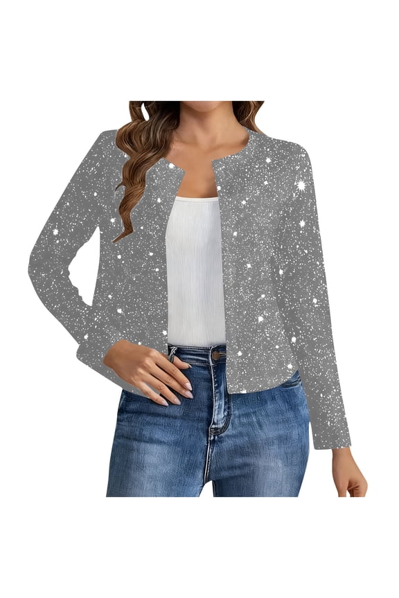 Cropped Sequin Cardigans for Women Long Sleeve Open Front Elegant Glitter Party Jackets Ladies Sparkle Short Blazer