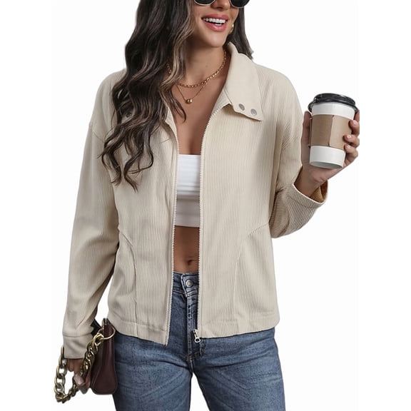 Cropped Shacket Zip Corduroy Shacket Jackets Casual Plaid Long Sleeve Crop Jackets Tops Apricot L