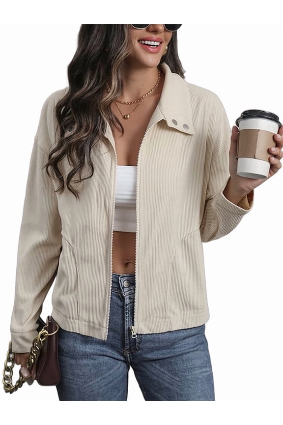 Cropped Shacket Zip Corduroy Shacket Jackets Casual Plaid Long Sleeve Crop Jackets Tops Apricot S