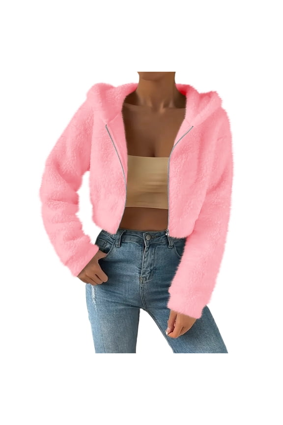 Cropped Sherpa Coat for Women Winter Trendy Faux Shearling Shaggy Full Zip Up Hoodie Jacket Casual Short Outwear (L, Pink)