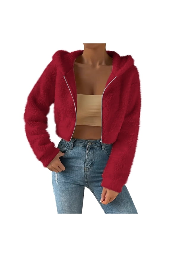 Cropped Sherpa Coat for Women Winter Trendy Faux Shearling Shaggy Full Zip Up Hoodie Jacket Casual Short Outwear (XL, Red)