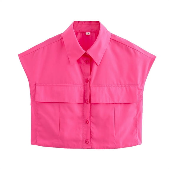 Cropped Shirts Women Button down Cap Sleeve Collar Tops with Flap Pocket V Neck Fashion Casual Crop Top, Hot Pink, M
