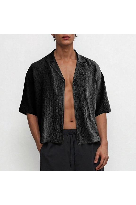 Cropped Shirts for Men Short Sleeve Button-Down Collared Tshirts Shirt Casual Lightweight Solid Color Breathable Loungewear Beach T-Shirts