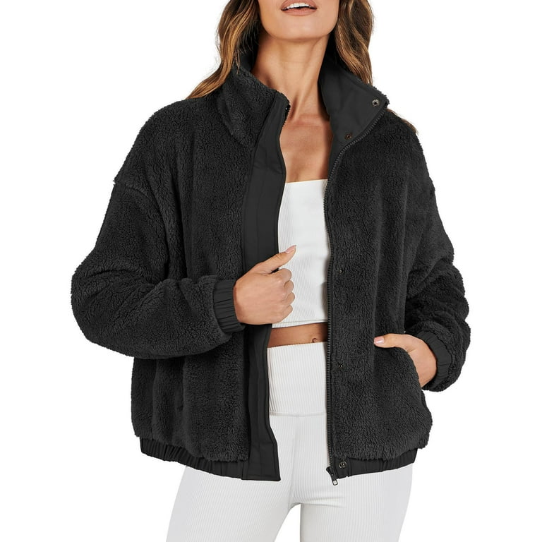Cropped Short Sherpa Jackets for Women Winter Warm Long Sleeve Full-zip  Crop Fleece Coat Casual Lightweight Jacket Outwear (Small, Black)