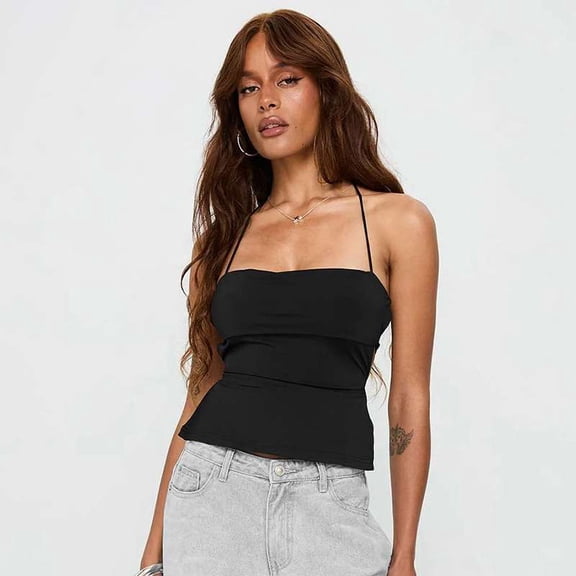 Cropped Spaghetti Strap Top (L, Black)