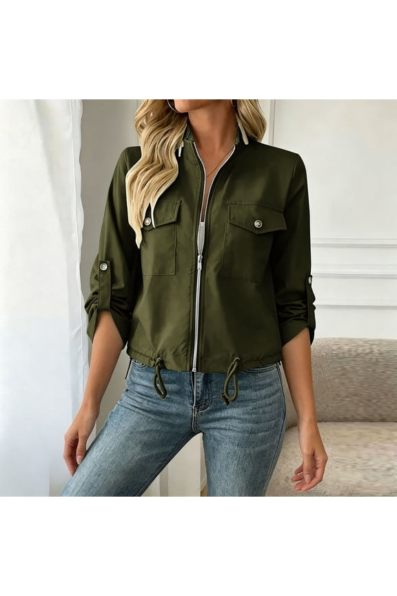 Cropped Stand Collar Jacket Women Zipper Coat Drawstring Hem Roll Sleeve Outwear with Cargo Pockets for Outdoor Hiking Green Light Hooded Jackets XL