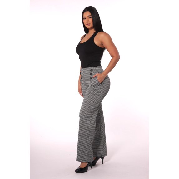 Cropped Straight Leg Pants With Button Waist Detail - Black, White Houndstooth