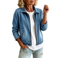 thumbnail image 1 of Cropped Stretch Denim Jean Jacket for Women Collared Zip Up Lightweight Cardigan Outerwear with Zipper Pockets Blue L, 1 of 6