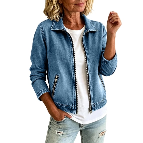 Cropped Stretch Denim Jean Jacket for Women Collared Zip Up Lightweight Cardigan Outerwear with Zipper Pockets Blue L