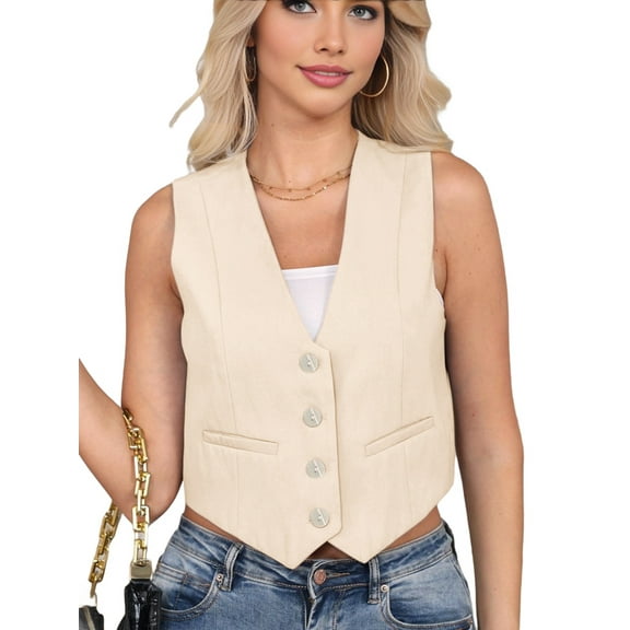 Cropped Suit Vest for Women Button Up Business Casual Dressy Waistcoat Vest Tops Cream White L
