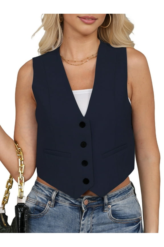 Cropped Suit Vest for Women Button Up Business Casual Dressy Waistcoat Vest Tops Navy Blue L