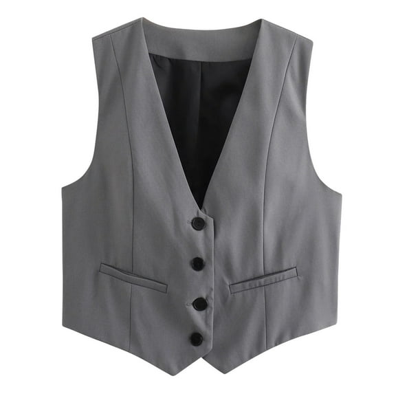 Cropped Suit Vest for Women Button Up Business Casual Dressy Waistcoat Vest Tops