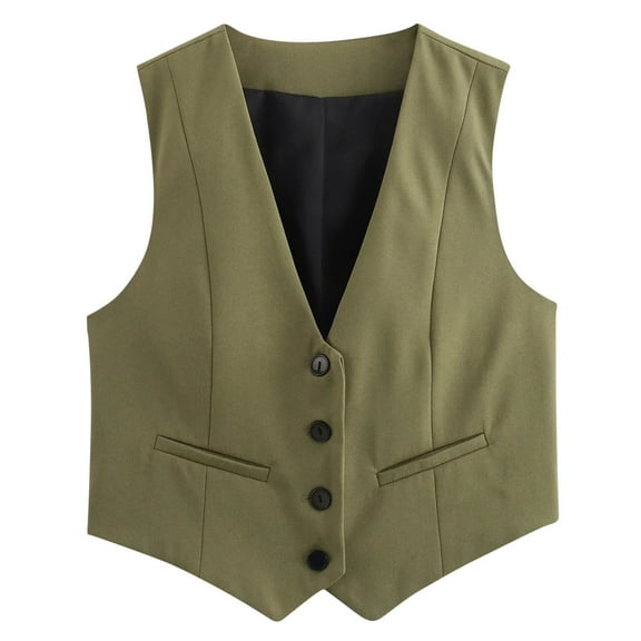 Cropped Suit Vest for Women Button Up Business Casual Dressy Waistcoat Vest Tops