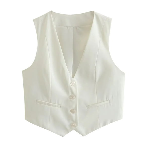 Cropped Suit Vest for Women Button Up Business Casual Dressy Waistcoat Vest Tops