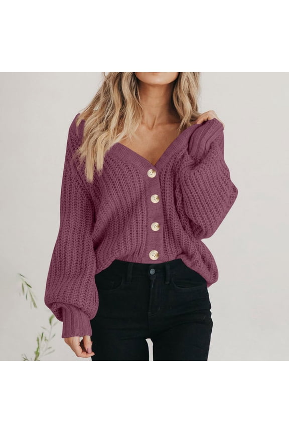 Cropped Sweater Cardigans for Women Button Up V Neck Loose Chunky Knit Soft Fall Casual Solid Sweaters Outwear (2XL, Purple)