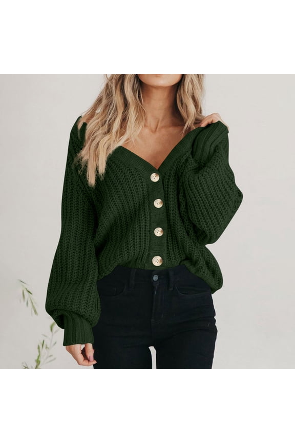 Cropped Sweater Cardigans for Women Button Up V Neck Loose Chunky Knit Soft Fall Casual Solid Sweaters Outwear (3XL, Green)