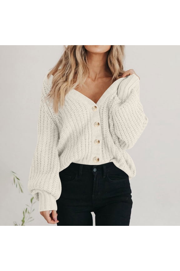 Cropped Sweater Cardigans for Women Button Up V Neck Loose Chunky Knit Soft Fall Casual Solid Sweaters Outwear (3XL, White)