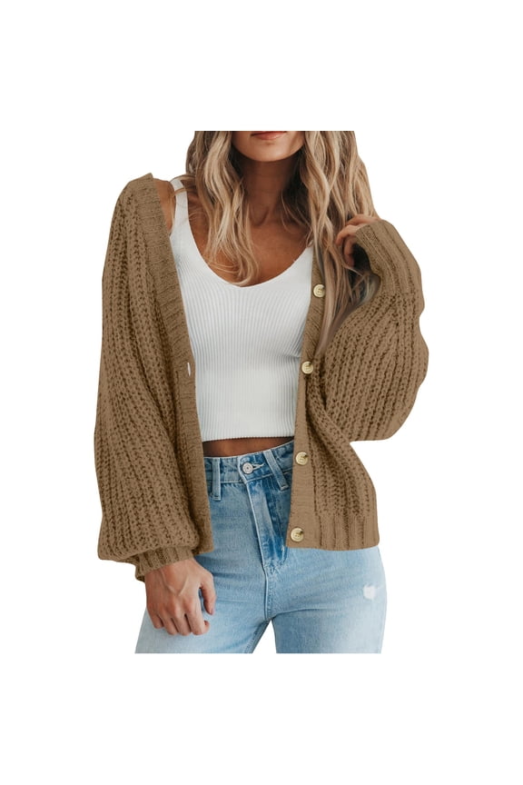 Cropped Sweater Cardigans for Women Button Up V Neck Loose Chunky Knit Soft Fall Casual Solid Sweaters Outwear (L, Brown)