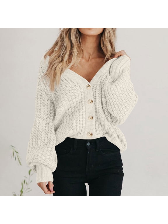 Cropped Sweater Cardigans for Women Button Up V Neck Loose Chunky Knit Soft Fall Casual Solid Sweaters Outwear (M, White)
