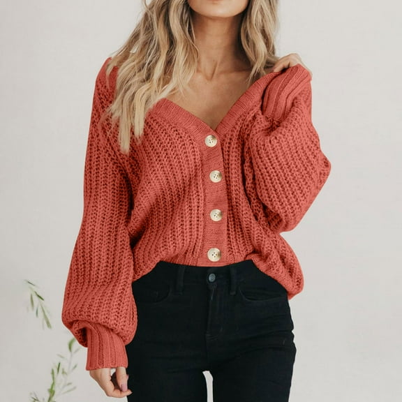 Cropped Sweater Cardigans for Women Button Up V Neck Loose Chunky Knit Soft Fall Casual Solid Sweaters Outwear (S, Orange)