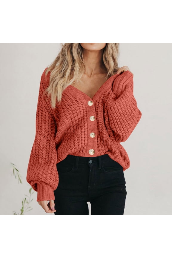 Cropped Sweater Cardigans for Women Button Up V Neck Loose Chunky Knit Soft Fall Casual Solid Sweaters Outwear (S, Orange)