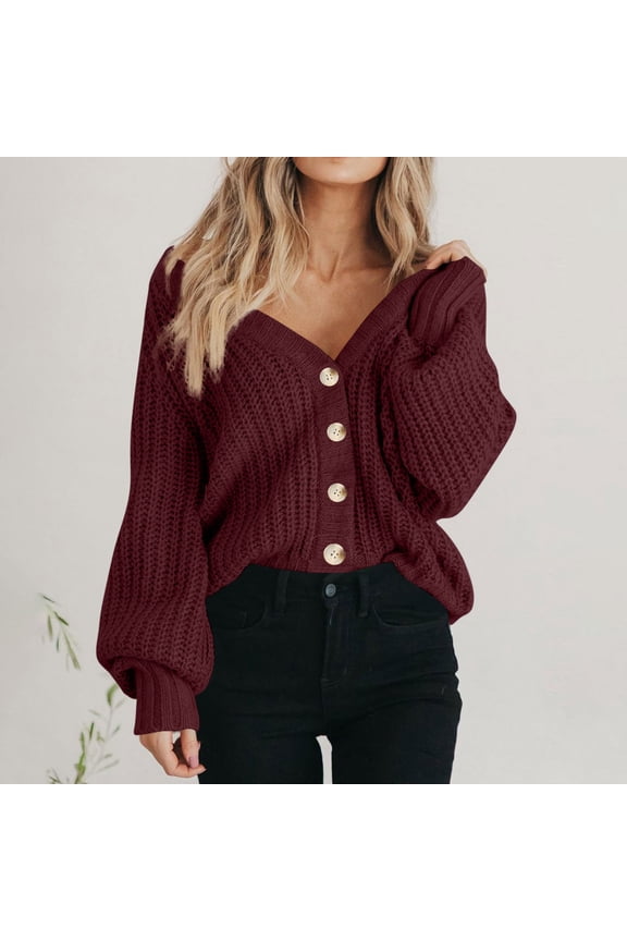 Cropped Sweater Cardigans for Women Button Up V Neck Loose Chunky Knit Soft Fall Casual Solid Sweaters Outwear (XL, Wine)