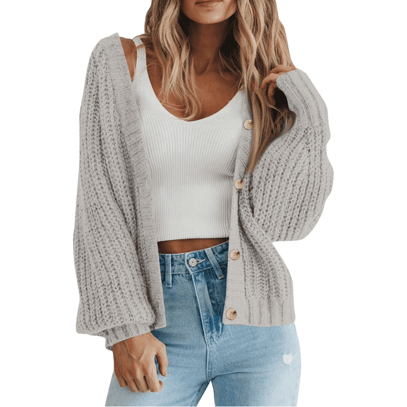 Cropped Sweater Cardigans for Women Button Up V Neck Open Front Cardigan Loose Chunky Knit Soft Sweater Fall Winter Casual Solid Sweaters Outwear