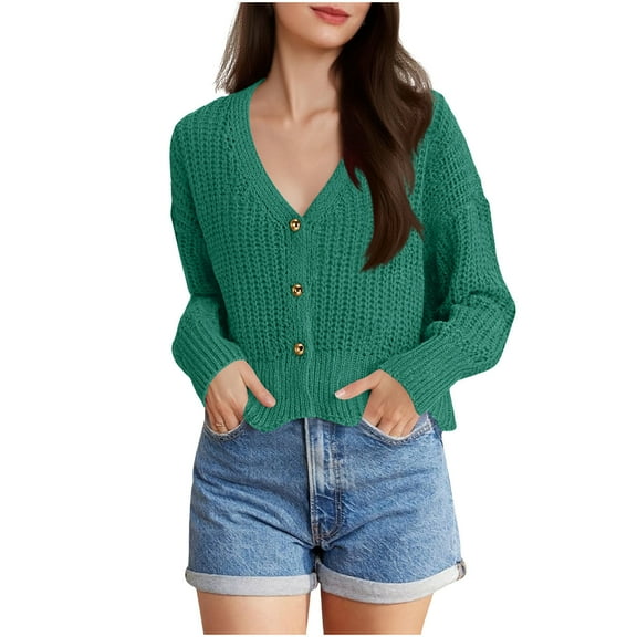 Cropped Sweater Cardigans for Women Teen Girls Button Up Knitted Blouse Drop Shoulder V Neck Long Sleeve Outerwear (One Size, Green)