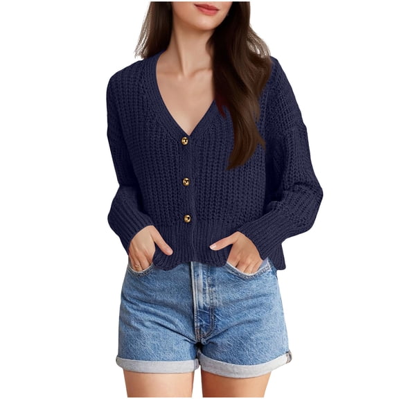 Cropped Sweater Cardigans for Women Teen Girls Button Up Knitted Blouse Drop Shoulder V Neck Long Sleeve Outerwear (One Size, Navy)