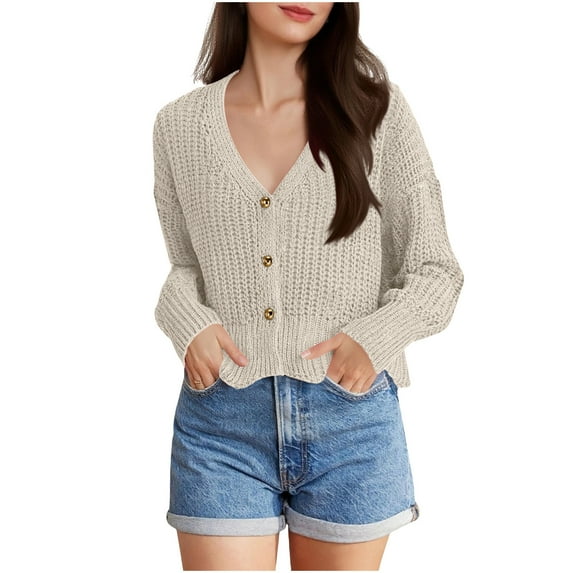 Cropped Sweater Cardigans for Women Teen Girls Button Up Knitted Blouse Drop Shoulder V Neck Long Sleeve Outerwear (One Size, White)
