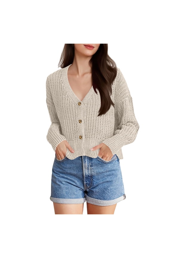 Cropped Sweater Cardigans for Women Teen Girls Button Up Knitted Blouse Drop Shoulder V Neck Long Sleeve Outerwear (One Size, White)