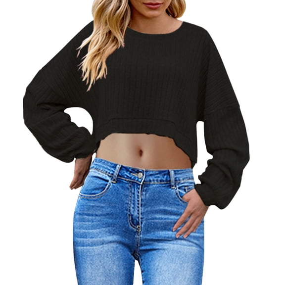 Cropped Sweater, Comdrip Womens Winter Clothes Fashion Round Neck Solid Color Long Sleeve Tops for Women Crop Lightweight Work Shirts Crop Sweater for Women Black M