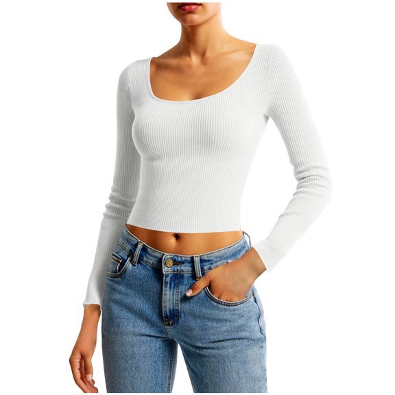 Cropped Sweater Sevevn Women Fashionable Round Neck Solid Color Long-Sleeved Sweater Top
