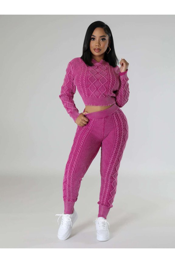 Cropped Sweater & Slim Fit Pants Set (L, Rose)