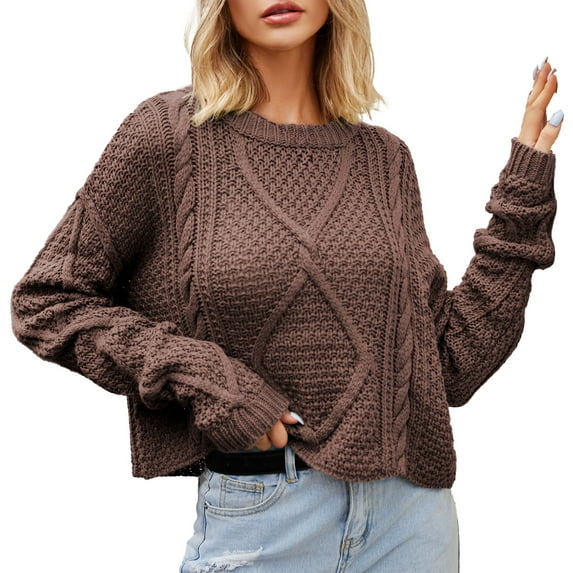 Cropped Sweater Womens Round Neck Long Sleeve Knit Sweater Solid Color Crochet Sweater Pullover Tops Cozy Outfits