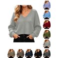 thumbnail image 1 of Cropped Sweater Zaewscy Women V Neck Waffle Knit Cropped Pullover Sweater Casual Long Sleeve Loose Fit Fall Winter Top Gray M, 1 of 9