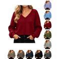 thumbnail image 1 of Cropped Sweater Zaewscy Women V Neck Waffle Knit Cropped Pullover Sweater Casual Long Sleeve Loose Fit Fall Winter Top Red M, 1 of 9