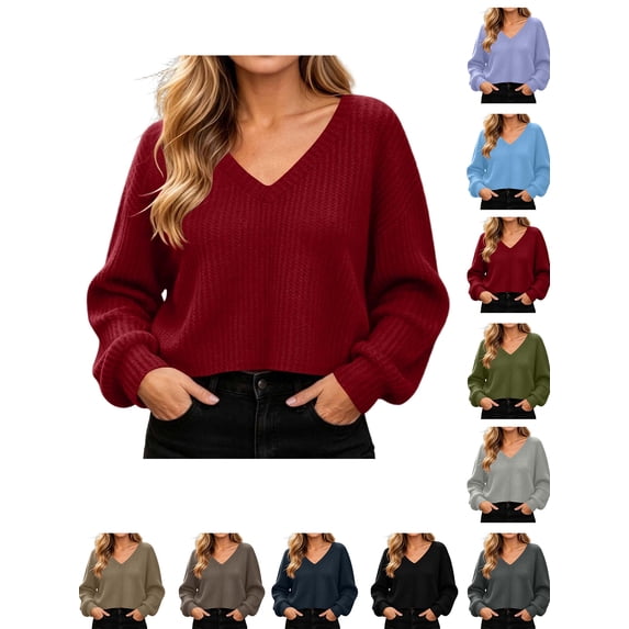 Cropped Sweater Zaewscy Women V Neck Waffle Knit Cropped Pullover Sweater Casual Long Sleeve Loose Fit Fall Winter Top Red M