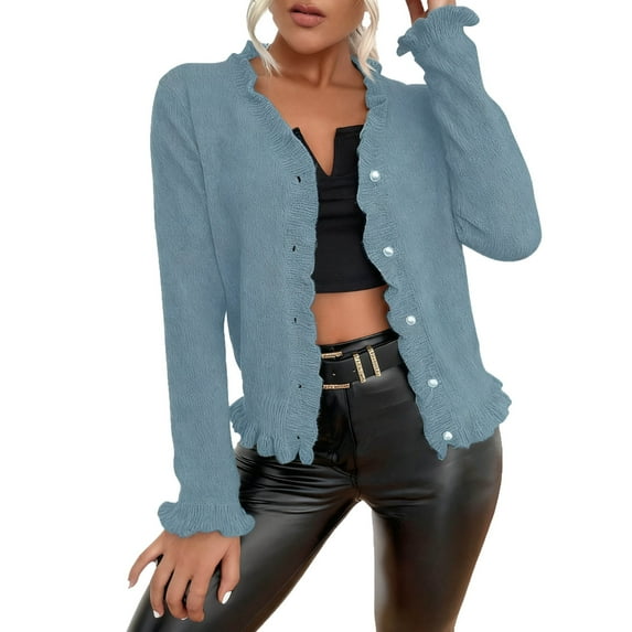 Cropped Sweaters For Women Sevevn Womens Ribbed Knit Cardigan Sweater Pearl Button V Neck Ruffle Long Sleeve Fall Winter Casual Outfits