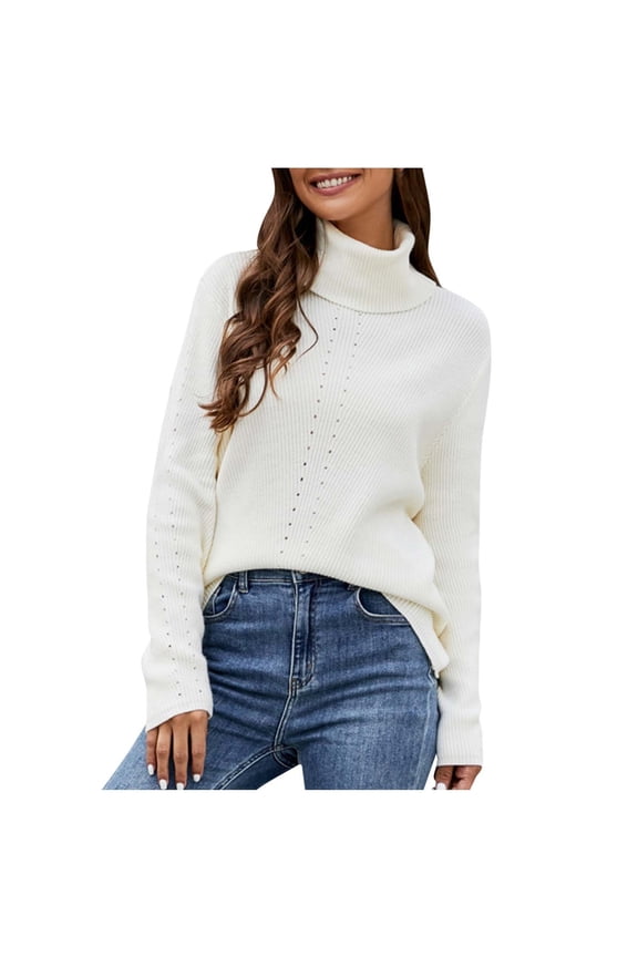 Cropped Sweaters For Women Turtle-Neck Solid Collor Knitting Sweater Ladies Recreational Pullover Long Sleeve Tops,White,Large