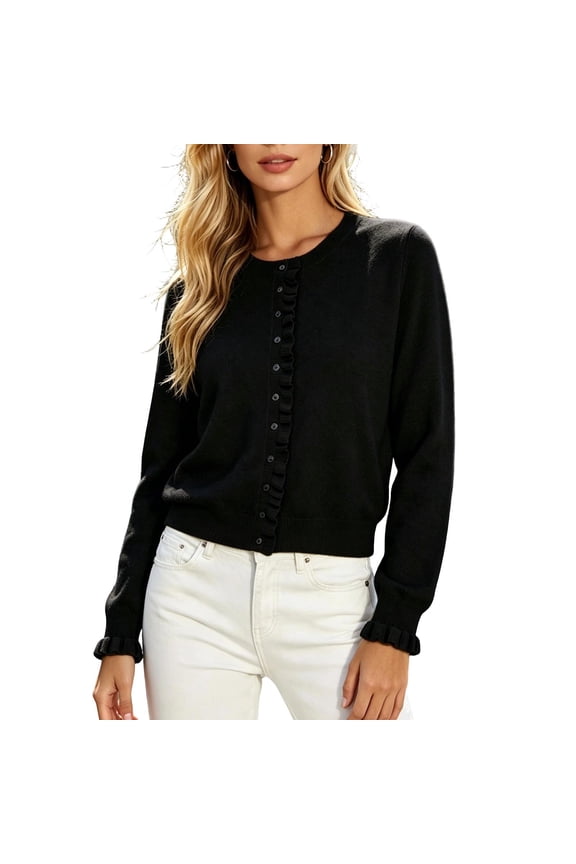 Cropped Sweaters for Women Lightweight Crewneck Long Sleeve Open Front Sweaters Slimming Fall Cardigan with Ruffle Hem S