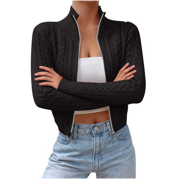 Cropped Sweaters for Women Slim Fit Full-zip Sweater Cardigan Long Sleeve Solid Casual Zip Mock Neck Outwear Tops (S, Black)