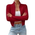 thumbnail image 1 of Cropped Sweaters for Women Slim Fit Full-zip Sweater Cardigan Long Sleeve Solid Casual Zip Mock Neck Outwear Tops (S, Wine), 1 of 7
