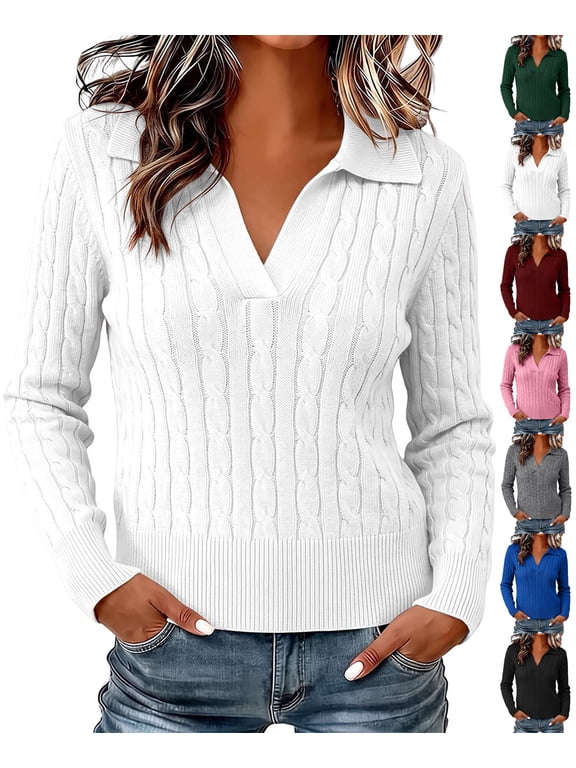 Cropped Sweaters for Women V Neck Cable Knit Sweater,Long Sleeve Ribbed Hem Slim Fit Pullover Casual Tops for Fall Winter