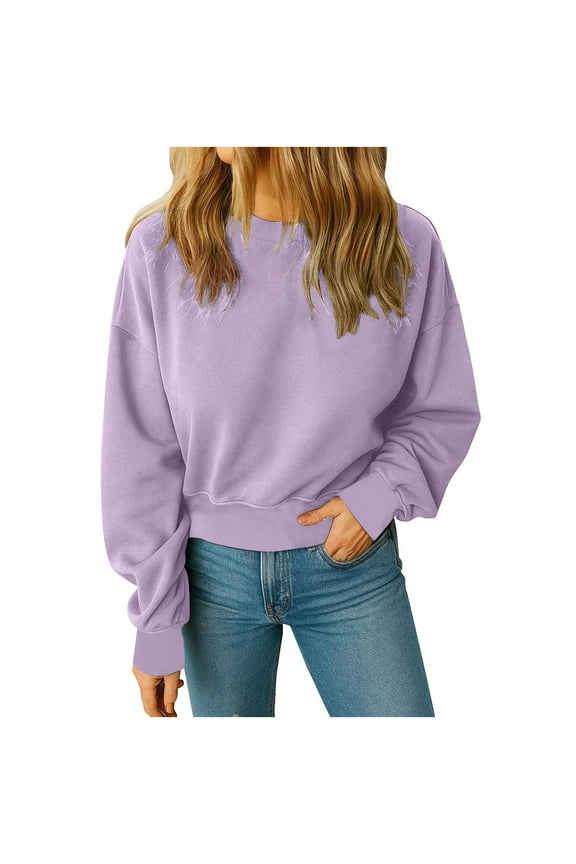 Cropped Sweatshirt Women - Crew Neck Pullover Crop Tops - Winter Warm Soft Fleece Solid Color Long Sleeve Casual Shirt