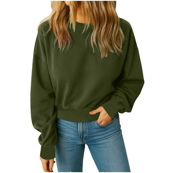 Cropped Sweatshirt Women - Crew Neck Pullover Crop Tops - Winter Warm Soft Fleece Solid Color Long Sleeve Casual Shirt