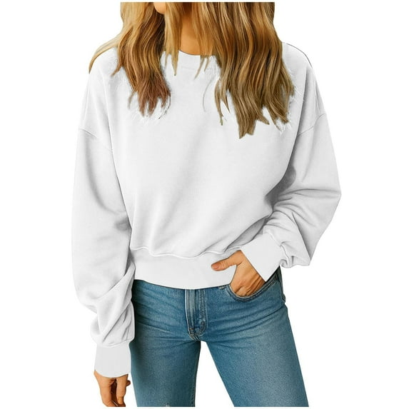 Cropped Sweatshirt Women - Crew Neck Pullover Crop Tops - Winter Warm Soft Fleece Solid Color Long Sleeve Casual Shirt
