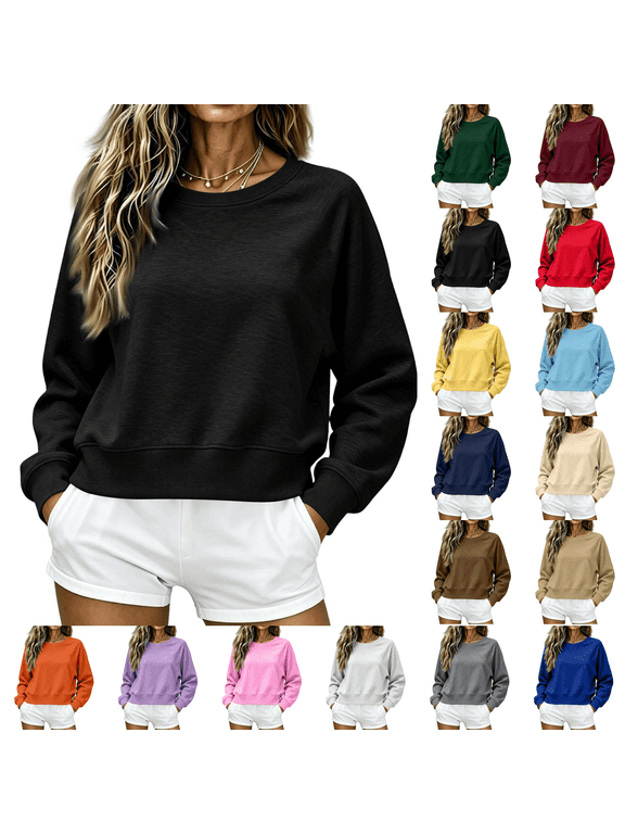 Cropped Sweatshirt for Women Oversized Crewneck Long Sleeve Crop Pullover Casual Lightweight Boxy Sweater Black 2XL
