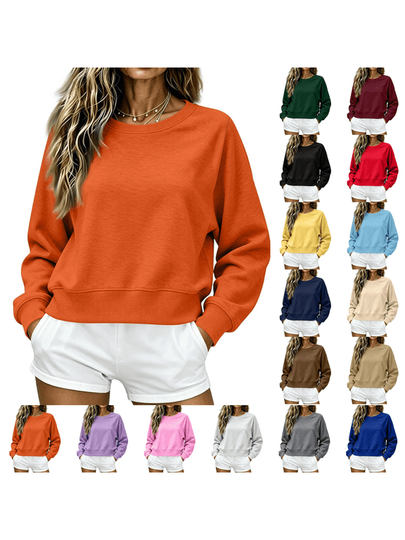Cropped Sweatshirt for Women Oversized Crewneck Long Sleeve Crop Pullover Casual Lightweight Boxy Sweater Orange M