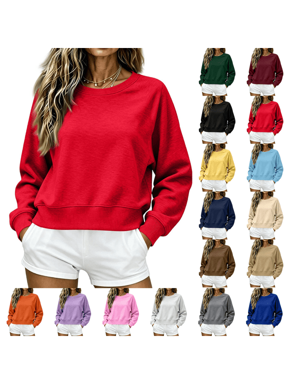 Cropped Sweatshirt for Women Oversized Crewneck Long Sleeve Crop Pullover Casual Lightweight Boxy Sweater Red M